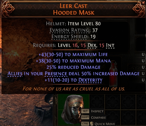 MMOJUGG Path of Exile 2 LEER CAST HOODED MASK#1146085 Details View of Item Function and Use