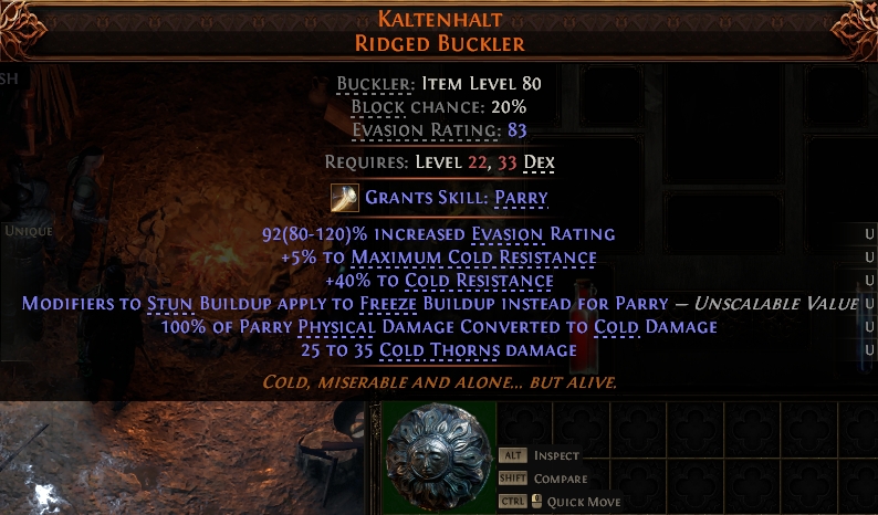 MMOJUGG Path of Exile 2 KALTENHALT RIDGED BUCKLER#1146086 Details View of Item Function and Use
