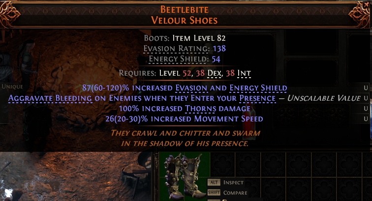 MMOJUGG Path of Exile 2 BEETLEBITE VELOUR SHOES#1146099 Details View of Item Function and Use