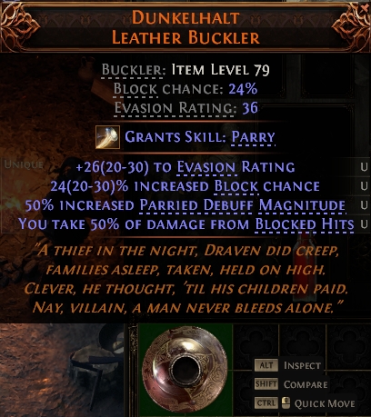 MMOJUGG Path of Exile 2 DUNKELHALT LEATHER BUCKLER#1146102 Details View of Item Function and Use