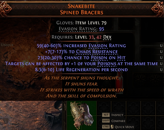 MMOJUGG Path of Exile 2 SNAKEBITE SPINED BRACERS#1146107 Details View of Item Function and Use