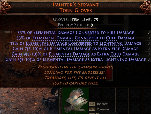 MMOJUGG Path of Exile 2 PAINTER'S SERVANT TORN GLOVES#1146108 Details View of Item Function and Use
