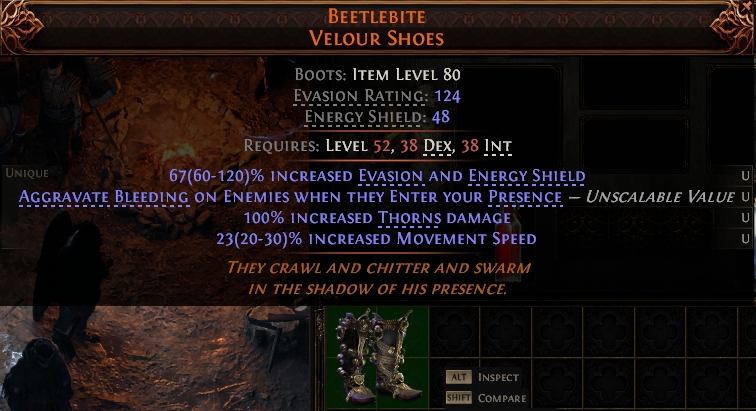 MMOJUGG Path of Exile 2 BEETLEBITE VELOUR SHOES#1146110 Details View of Item Function and Use