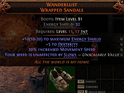 MMOJUGG Path of Exile 2 WANDERLUST WRAPPED SANDALS#1146113 Details View of Item Function and Use