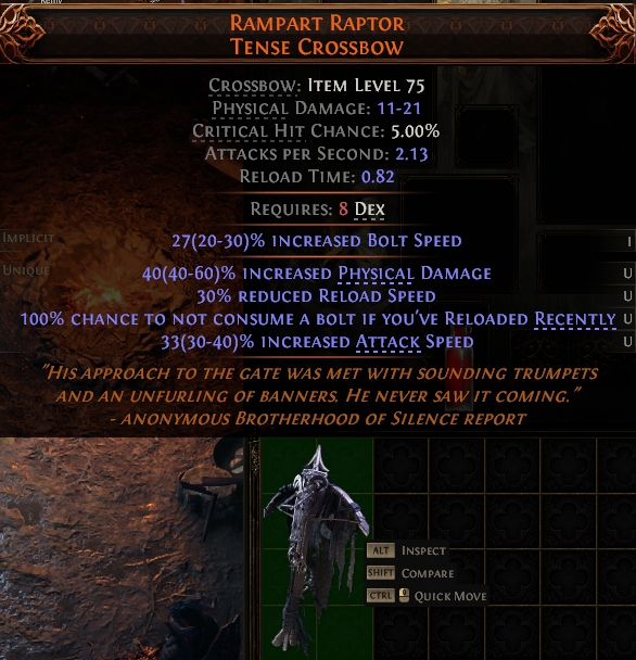MMOJUGG Path of Exile 2 RAMPART RAPTOR TENSE CROSSBOW#1146141 Details View of Item Function and Use