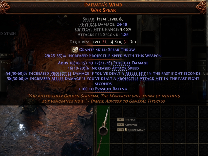 MMOJUGG Path of Exile 2 DAEVATA'S WIND WAR SPEAR#1146145 Details View of Item Function and Use