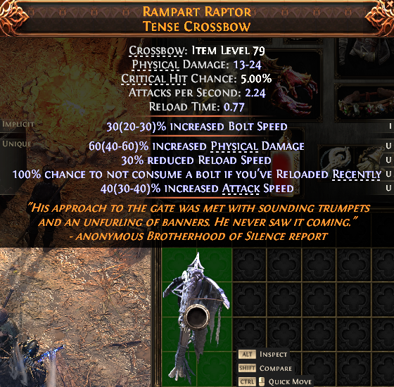 MMOJUGG Path of Exile 2 RAMPART RAPTOR TENSE CROSSBOW#1146253 Details View of Item Function and Use