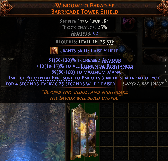 MMOJUGG Path of Exile 2 WINDOW TO PARADISE BARRICADE TOWER SHIELD#1146364 Details View of Item Function and Use