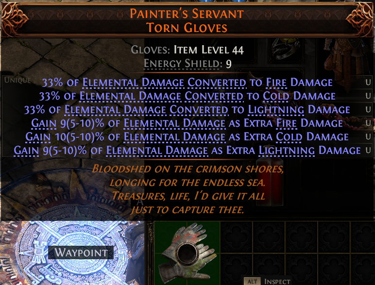 MMOJUGG Path of Exile 2 PAINTER'S SERVANT TORN GLOVES#1146383 Details View of Item Function and Use