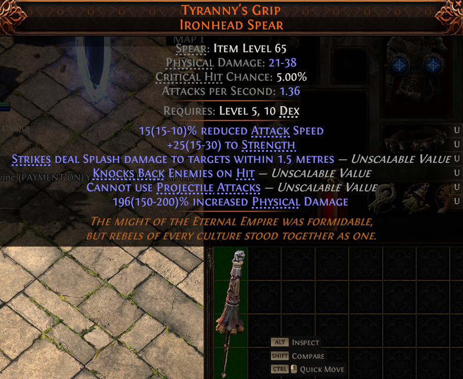 MMOJUGG Path of Exile 2 TYRANNY'S GRIP IRONHEAD SPEAR#1146409 Details View of Item Function and Use