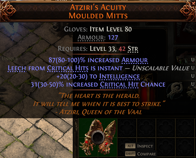 MMOJUGG Path of Exile 2 ATZIRI'S ACUITY MOULDED MITTS#1146411 Details View of Item Function and Use