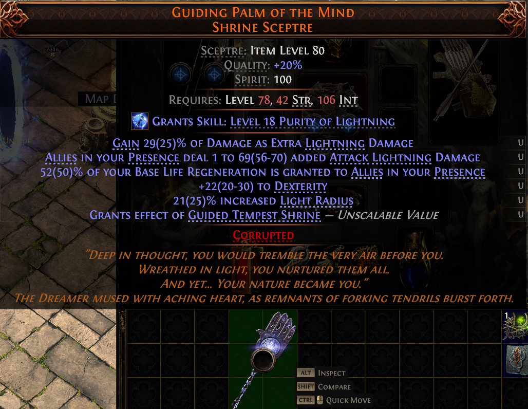 MMOJUGG Path of Exile 2 GUIDING PALM OF THE MIND SHRINE SCEPTRE#1146420 Details View of Item Function and Use
