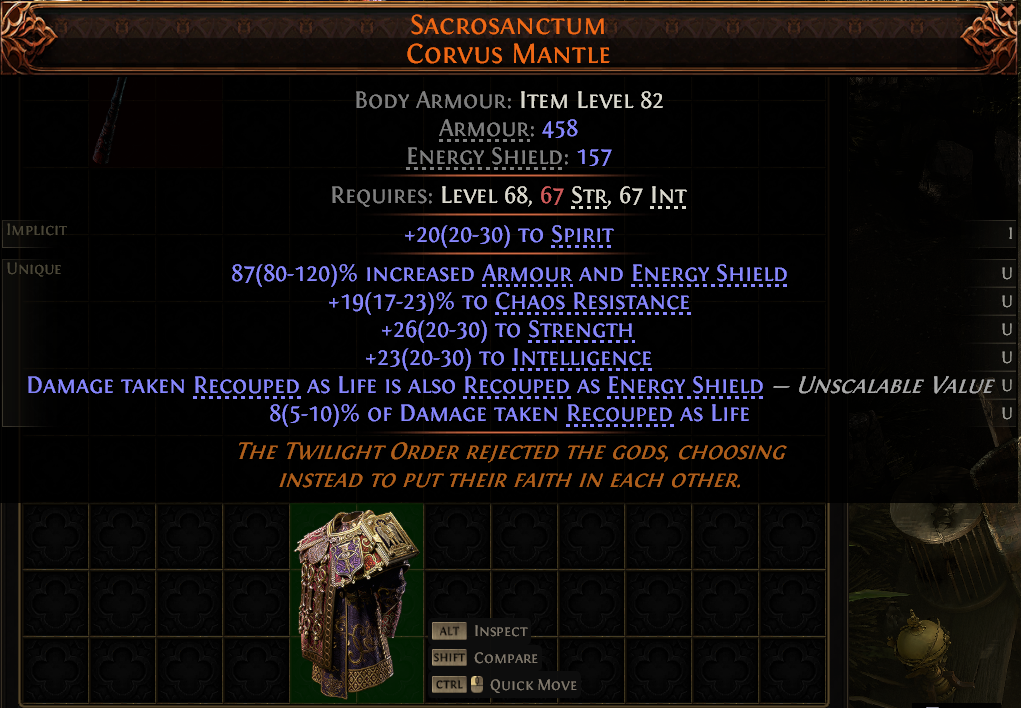 MMOJUGG Path of Exile 2 SACROSANCTUM CORVUS MANTLE#1147335 Details View of Item Function and Use