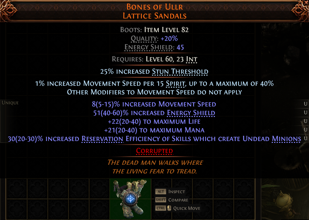 MMOJUGG Path of Exile 2 BONES OF ULLR LATTICE SANDALS#1147420 Details View of Item Function and Use