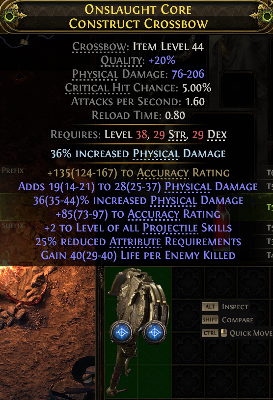 MMOJUGG Path of Exile 2 ONSLAUGHT CORE CONSTRUCT CROSSBOW#1147674 Details View of Item Function and Use