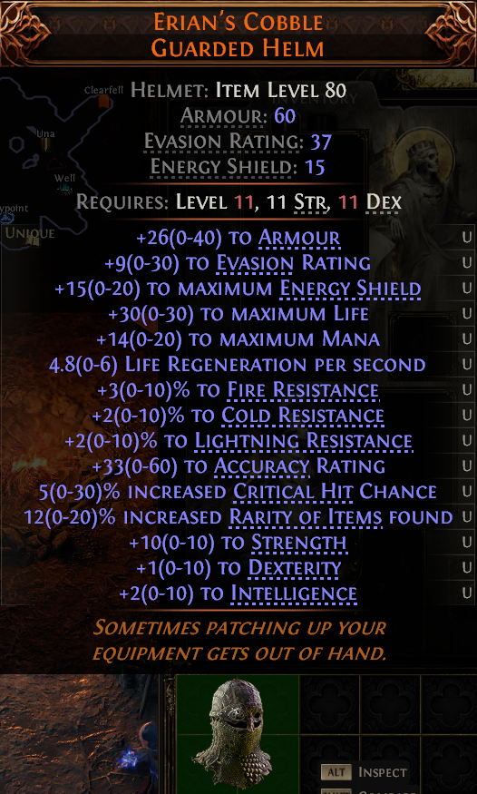 MMOJUGG Path of Exile 2 ERIAN'S COBBLE GUARDED HELM#1147767 Details View of Item Function and Use