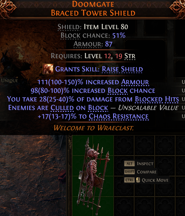 MMOJUGG Path of Exile 2 DOOMGATE BRACED TOWER SHIELD#1147772 Details View of Item Function and Use