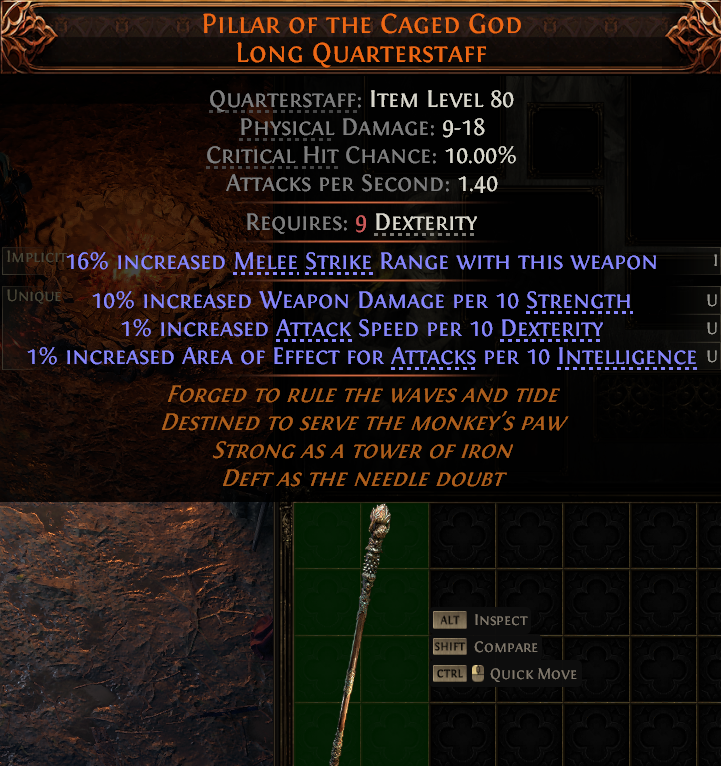 MMOJUGG Path of Exile 2 PILLAR OF THE CAGED GOD LONG QUARTERSTAFF#1147778 Details View of Item Function and Use