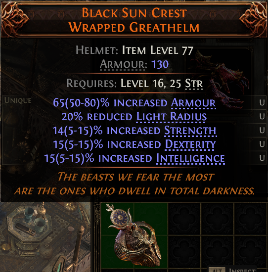 MMOJUGG Path of Exile 2 BLACK SUN CREST WRAPPED GREATHELM#1147886 Details View of Item Function and Use