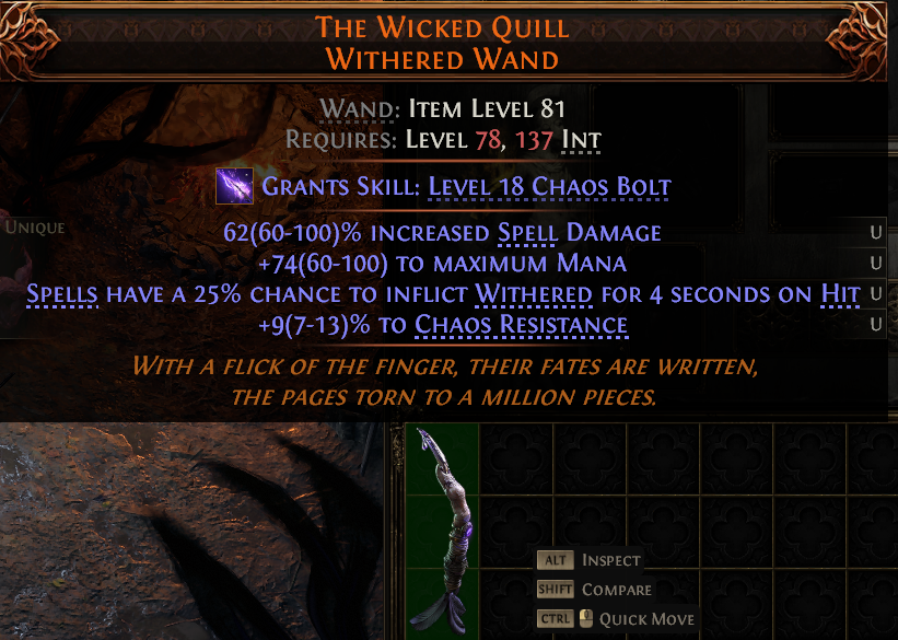 MMOJUGG Path of Exile 2 THE WICKED QUILL WITHERED WAND#1148100 Details View of Item Function and Use