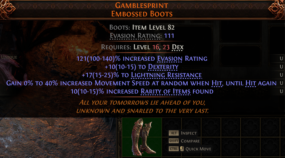 MMOJUGG Path of Exile 2 GAMBLESPRINT EMBOSSED BOOTS#1148115 Details View of Item Function and Use