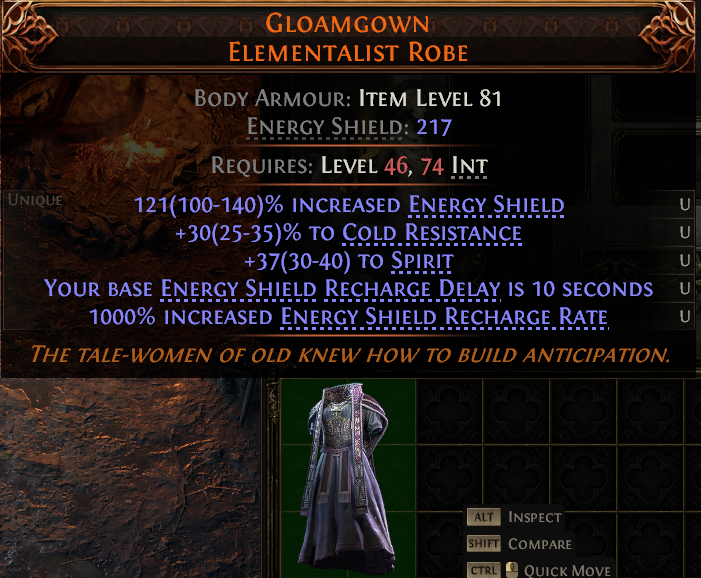 MMOJUGG Path of Exile 2 GLOAMGOWN ELEMENTALIST ROBE#1148124 Details View of Item Function and Use