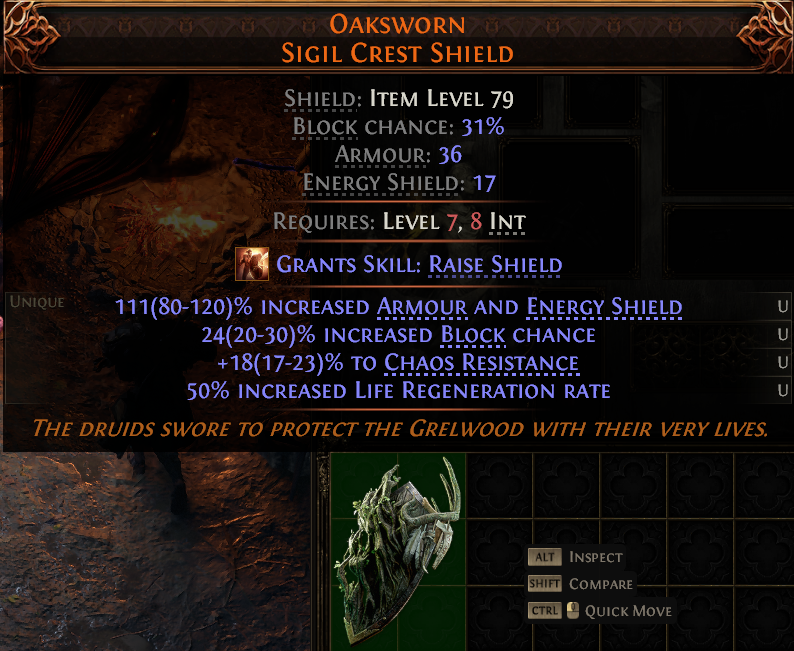 MMOJUGG Path of Exile 2 OAKSWORN SIGIL CREST SHIELD#1148125 Details View of Item Function and Use