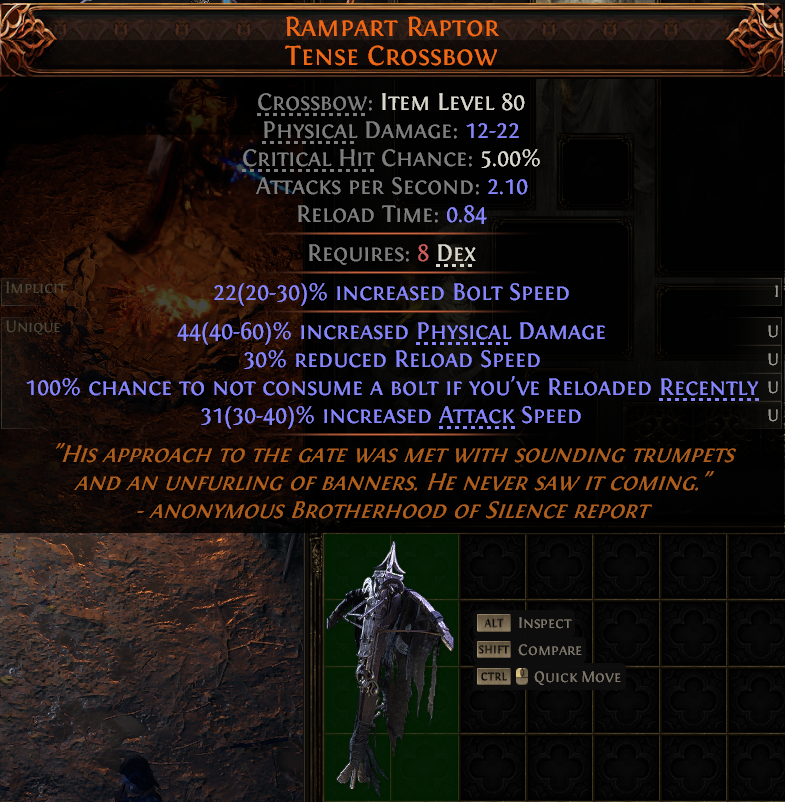 MMOJUGG Path of Exile 2 RAMPART RAPTOR TENSE CROSSBOW#1148133 Details View of Item Function and Use
