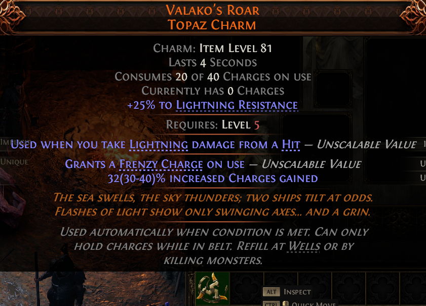 MMOJUGG Path of Exile 2 VALAKO'S ROAR TOPAZ CHARM#1148136 Details View of Item Function and Use