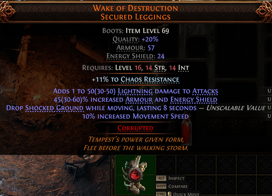 MMOJUGG Path of Exile 2 WAKE OF DESTRUCTION SECURED LEGGINGS#1148155 Details View of Item Function and Use