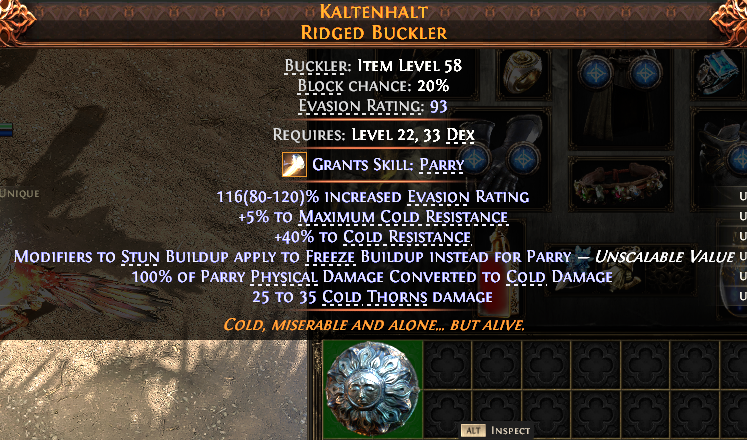 MMOJUGG Path of Exile 2 KALTENHALT RIDGED BUCKLER#1148221 Details View of Item Function and Use