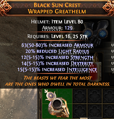 MMOJUGG Path of Exile 2 BLACK SUN CREST WRAPPED GREATHELM#1148224 Details View of Item Function and Use