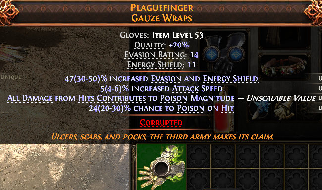 MMOJUGG Path of Exile 2 PLAGUEFINGER GAUZE WRAPS#1148288 Details View of Item Function and Use