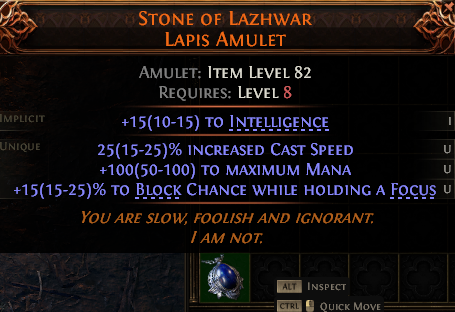 MMOJUGG Path of Exile 2 STONE OF LAZHWAR LAPIS AMULET#1148326 Details View of Item Function and Use