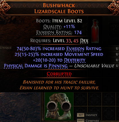MMOJUGG Path of Exile 2 BUSHWHACK LIZARDSCALE BOOTS#1148355 Details View of Item Function and Use