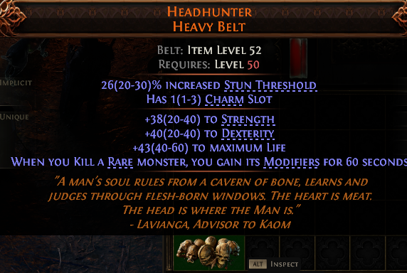 MMOJUGG Path of Exile 2 HEADHUNTER HEAVY BELT#1148382 Details View of Item Function and Use