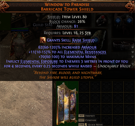MMOJUGG Path of Exile 2 WINDOW TO PARADISE BARRICADE TOWER SHIELD#1148434 Details View of Item Function and Use