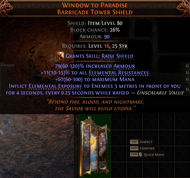 MMOJUGG Path of Exile 2 WINDOW TO PARADISE BARRICADE TOWER SHIELD#1148506 Details View of Item Function and Use