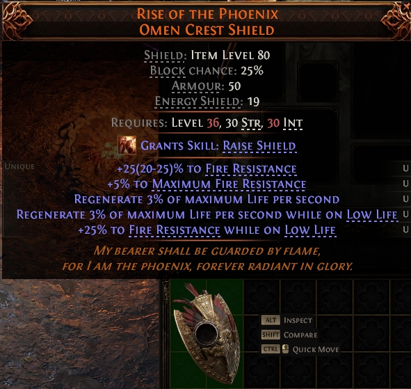 MMOJUGG Path of Exile 2 RISE OF THE PHOENIX OMEN CREST SHIELD#1148508 Details View of Item Function and Use