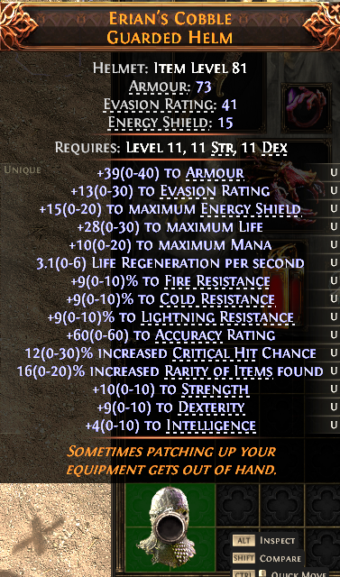 MMOJUGG Path of Exile 2 ERIAN'S COBBLE GUARDED HELM#1148592 Details View of Item Function and Use