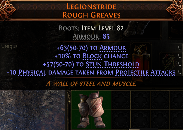 MMOJUGG Path of Exile 2 LEGIONSTRIDE ROUGH GREAVES#1148636 Details View of Item Function and Use