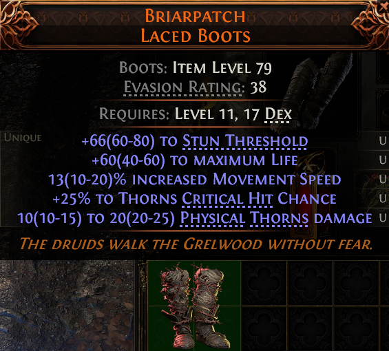 MMOJUGG Path of Exile 2 BRIARPATCH LACED BOOTS#1148638 Details View of Item Function and Use