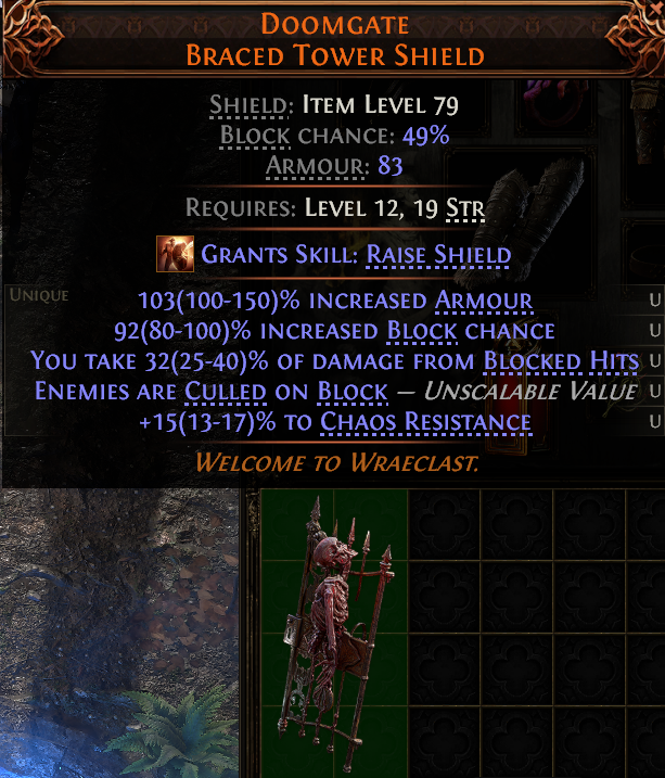 MMOJUGG Path of Exile 2 DOOMGATE BRACED TOWER SHIELD#1148640 Details View of Item Function and Use