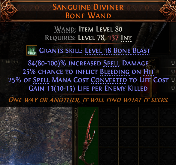 MMOJUGG Path of Exile 2 SANGUINE DIVINER BONE WAND#1148644 Details View of Item Function and Use