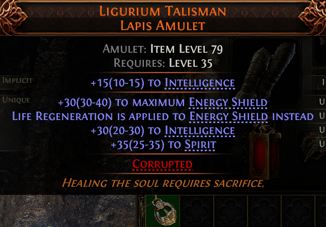 MMOJUGG Path of Exile 2 LIGURIUM TALISMAN LAPIS AMULET#1148651 Details View of Item Function and Use