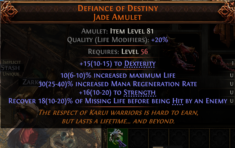 MMOJUGG Path of Exile 2 DEFIANCE OF DESTINY JADE AMULET#1148674 Details View of Item Function and Use