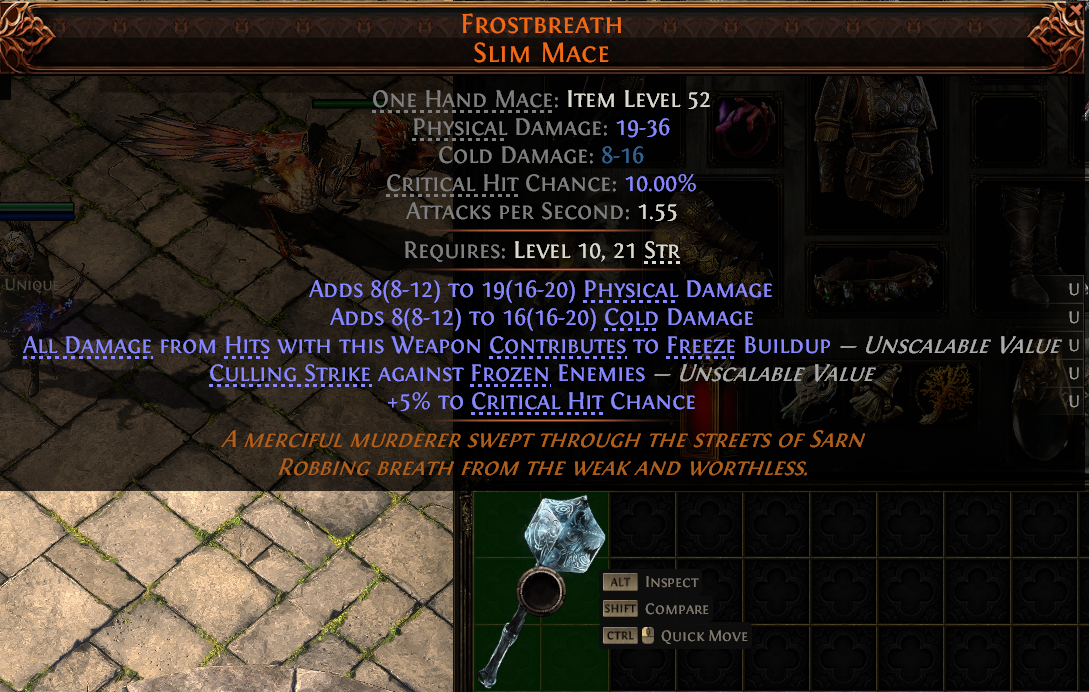 MMOJUGG Path of Exile 2 FROSTBREATH SLIM MACE#1148758 Details View of Item Function and Use