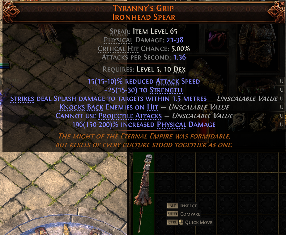MMOJUGG Path of Exile 2 TYRANNY'S GRIP IRONHEAD SPEAR#1148764 Details View of Item Function and Use