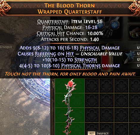 MMOJUGG Path of Exile 2 THE BLOOD THORN WRAPPED QUARTERSTAFF#1148928 Details View of Item Function and Use