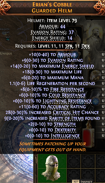 MMOJUGG Path of Exile 2 ERIAN'S COBBLE GUARDED HELM#1148940 Details View of Item Function and Use